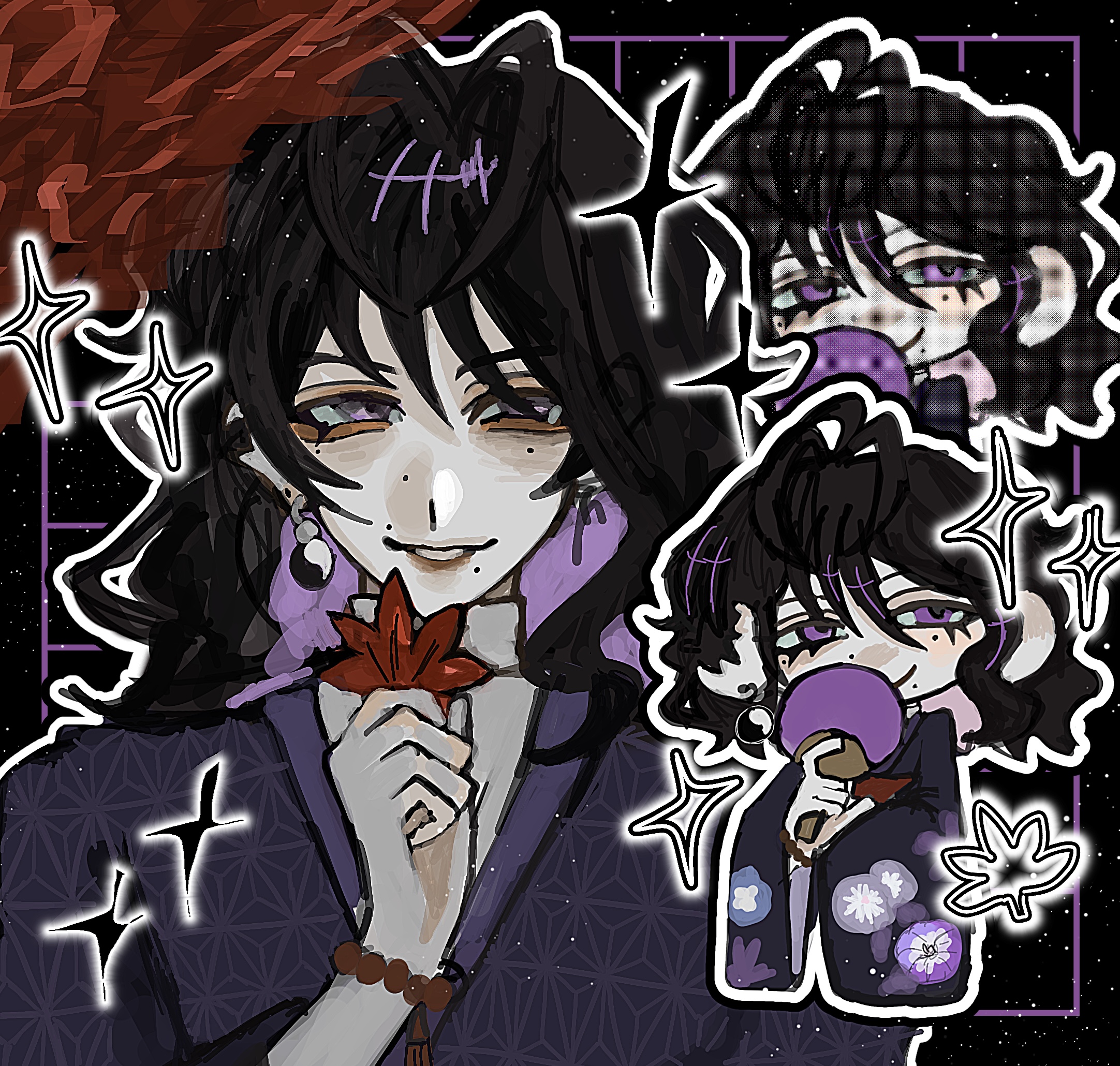 Art of my OC Yukie holding a maple leaf with a chibi with a mischevious expression and a purple fan